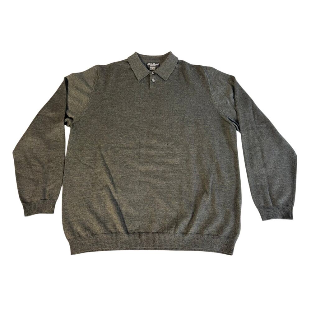 Eddie Bauer Mens XL Merino Wool Sweater Polo Olive Long Sleeve Knit Pullover